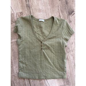Cotton On Womens Crop Top Size S Olive Green Short Sleeve 3 Button V Neck Casual